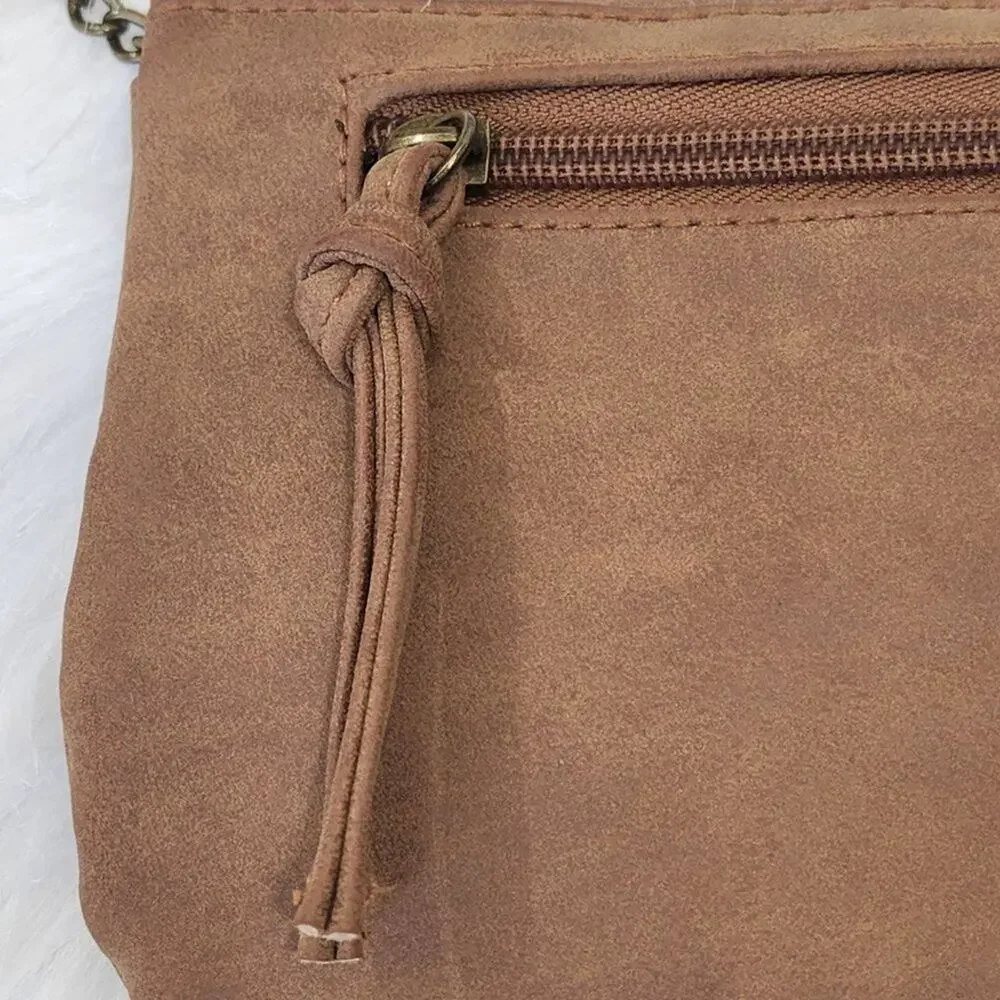 Light Brown Faux Leather Crossbody Purse with Metal‎ Owl Design